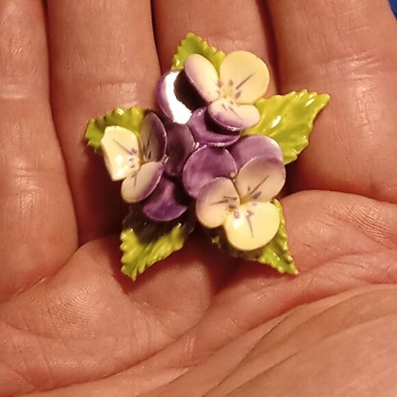 Vintage Coalport Brooch Floral Purple Green Porcelain Pin Fine Bone China - Picture 10 of 16
